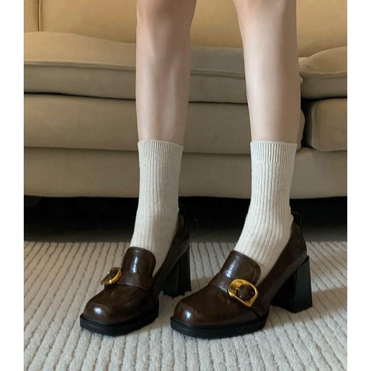 Lan Cabinet 2025 New Retro Square Head Thick Heel One Pedal Loafers High Heel Small Leather Shoes Women's British Style Shoes
