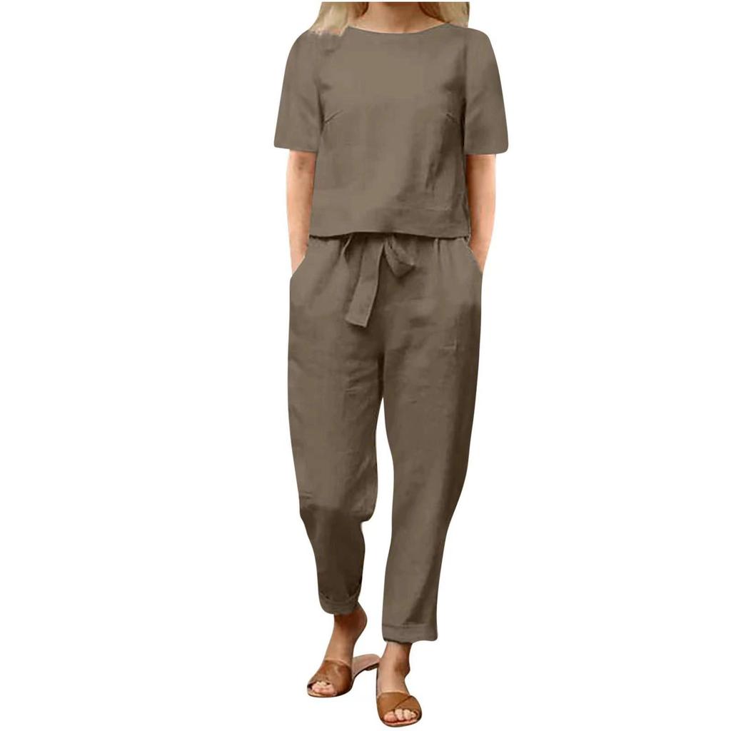 Sommer-Set aus Baumwolle und Hanf für Damen, Halbarm, Rundhalsausschnitt, Oversize-Kapuzenpullover, Hose mit weitem Bein, Retro-Set