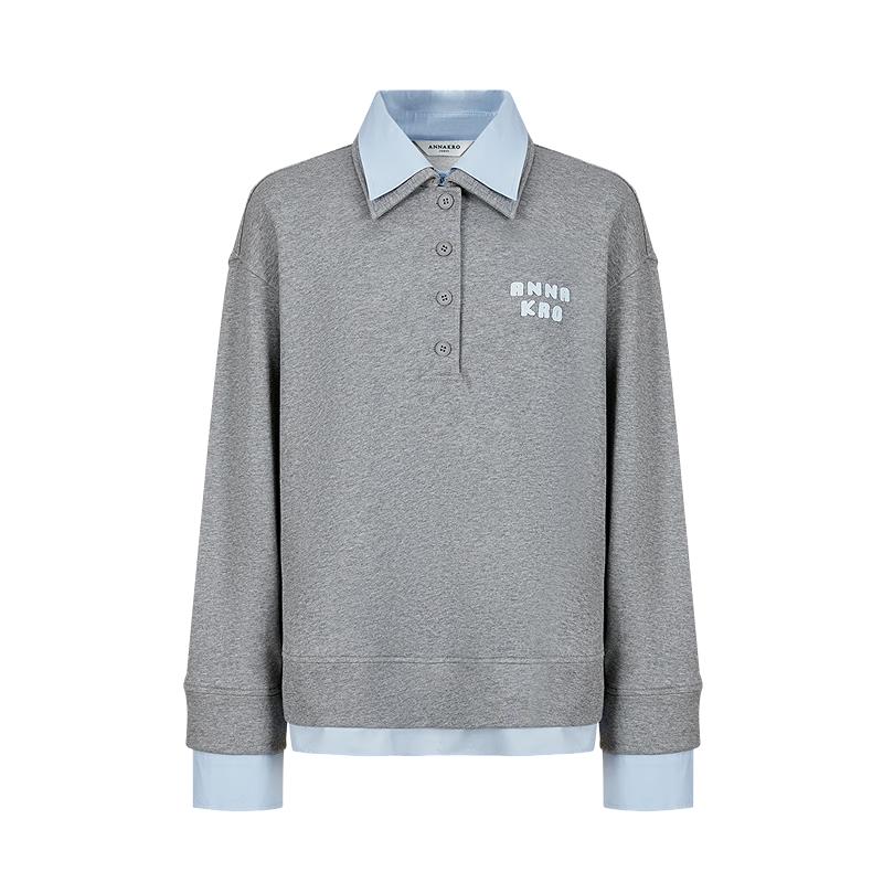 JZ Annacoco College-Stil Faux-Zweiteiler Applikation Lockeres Sweatshirt