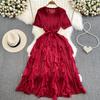 Gentle wind fairy long dress celebrity temperament Miyake pleated round neck waist thin a word ruffle edge dress summer