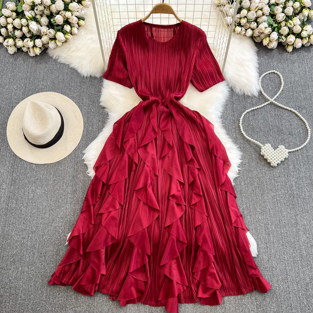 Gentle wind fairy long dress celebrity temperament Miyake pleated round neck waist thin a word ruffle edge dress summer