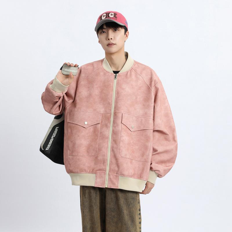 Autumn new large size fat couple casual Hong Kong style PU leather jacket men's loose solid color coat