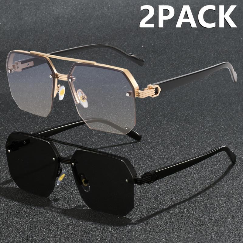 2PCs semi-rimless Stylish glasses for men and women-zinc alloy frame PC lenses perfect for summer parties casual streetwear