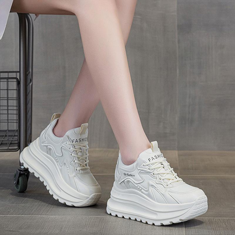 100% Echtes Leder Schuhe Damen Mode Sneaker Flache Plateau Höhenvergrößernde Schuhe 7cm Marke Damen Freizeitschuhe Schwarz Beige