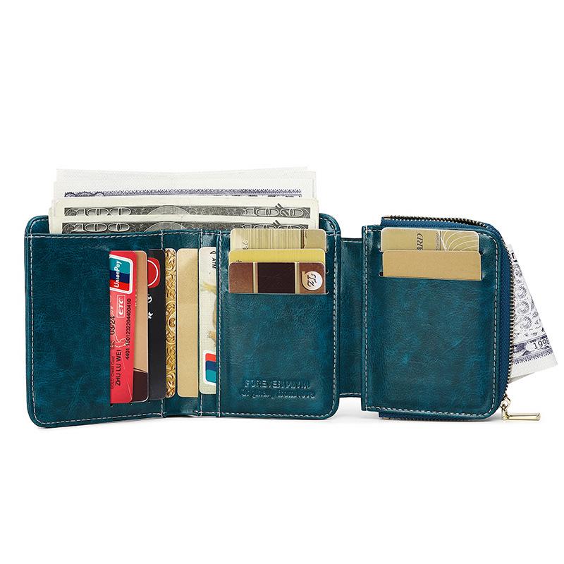 2023 RFID Anti-Theft Women's Tri-Fold Leather Wallet with Zipper and Snap Closure