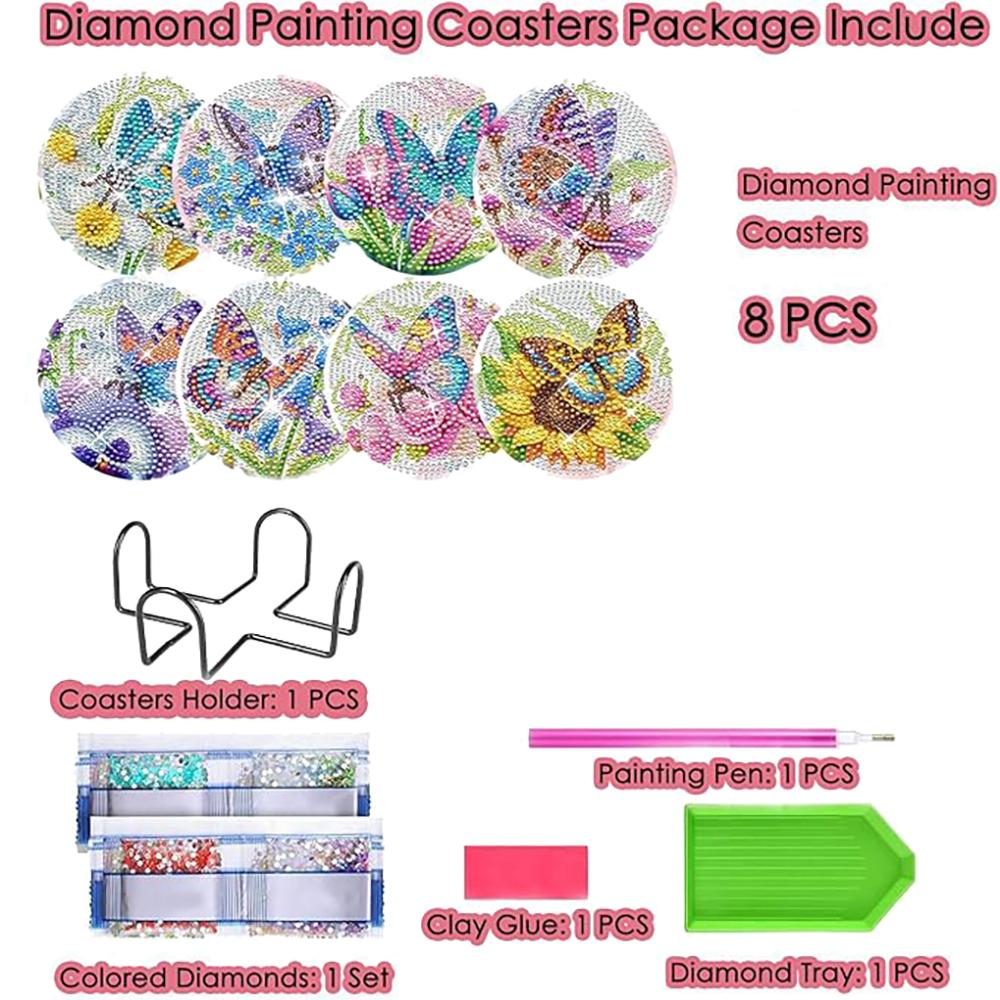 8 Stück/Set Untersetzer mit Diamant-Schmetterlingsmuster, DIY-Untersetzer mit Halter, Geeignet für Anfänger und Erwachsene, Kunst- und Handwerksbedarf Geschenke