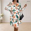 Women Plus Size V Neck Long Sleeve Floral Printed White Loose Curved Hem Dress