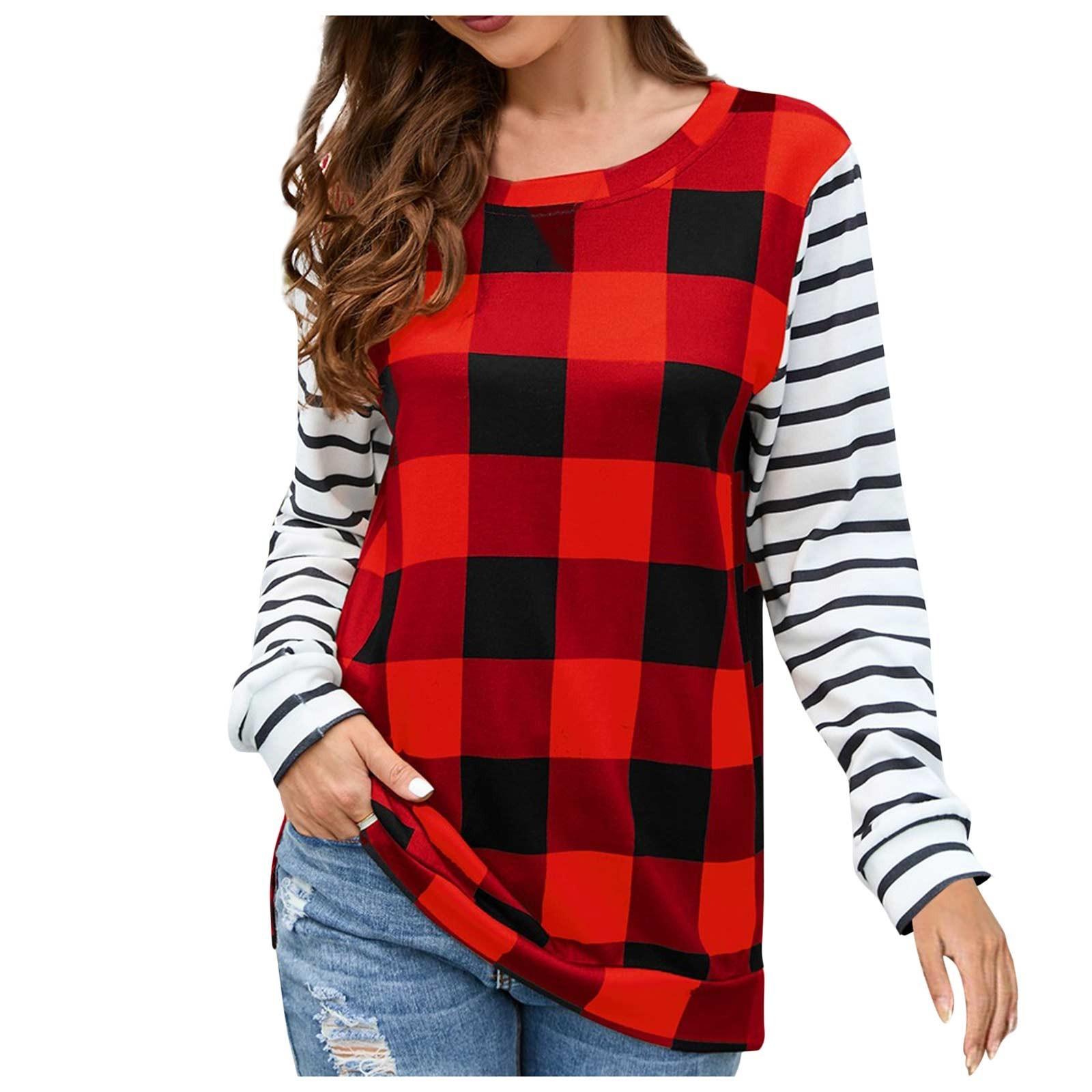 

Женская модная повседневная клетчатая плюшевая футболка с круглым вырезом и длинным рукавом XL красный