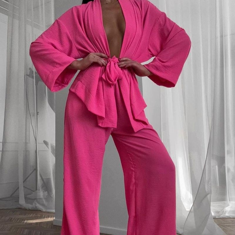 

European and American Women Solid Loose Long sleeve Casual Set Can Be Worn outside Home Wear Women Rose Red S