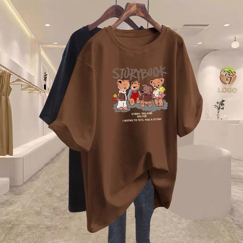 Brown Pure Cotton with Long Cartoon Short-sleeved T-shirt for Women's 2025 Early Spring New Large-size Loose Top