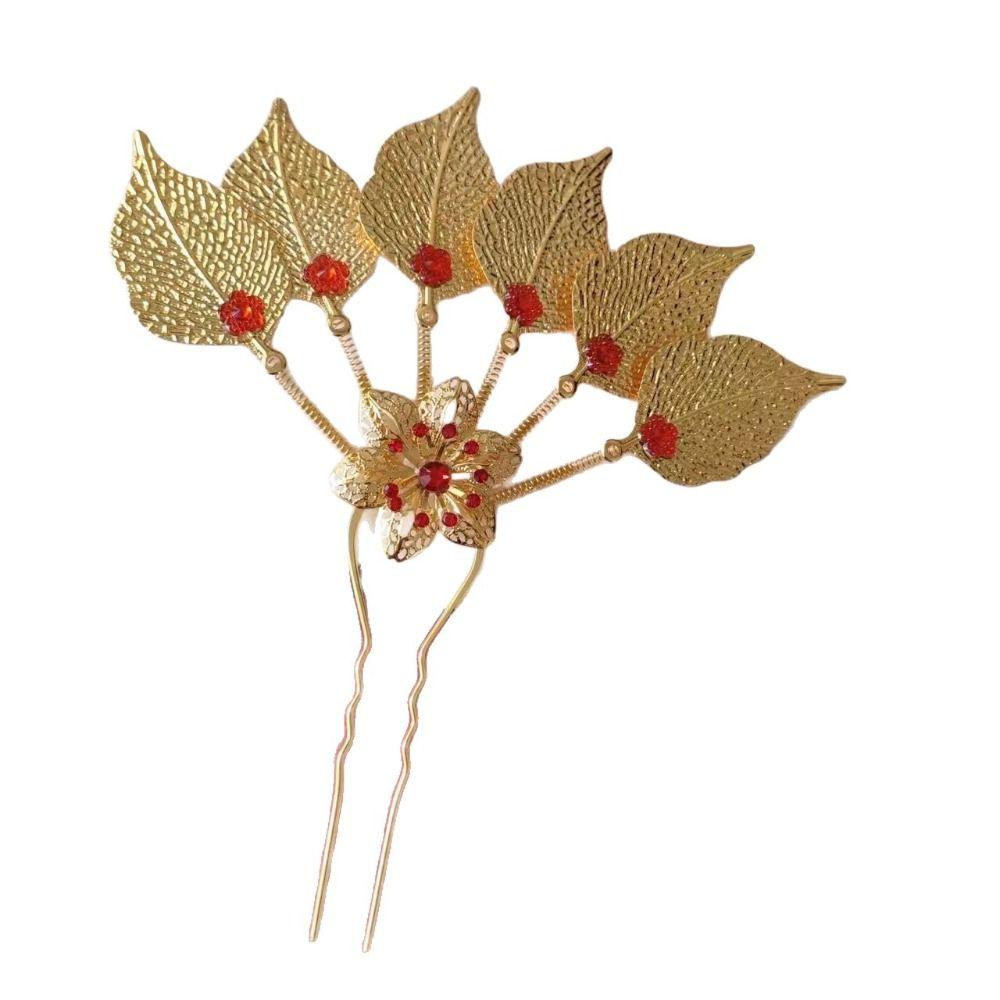 Rhinestone Thai Metal Leaves Hairpin Gold Ethnic Style Hair Accessories U-shaped Hair Fork  Daily