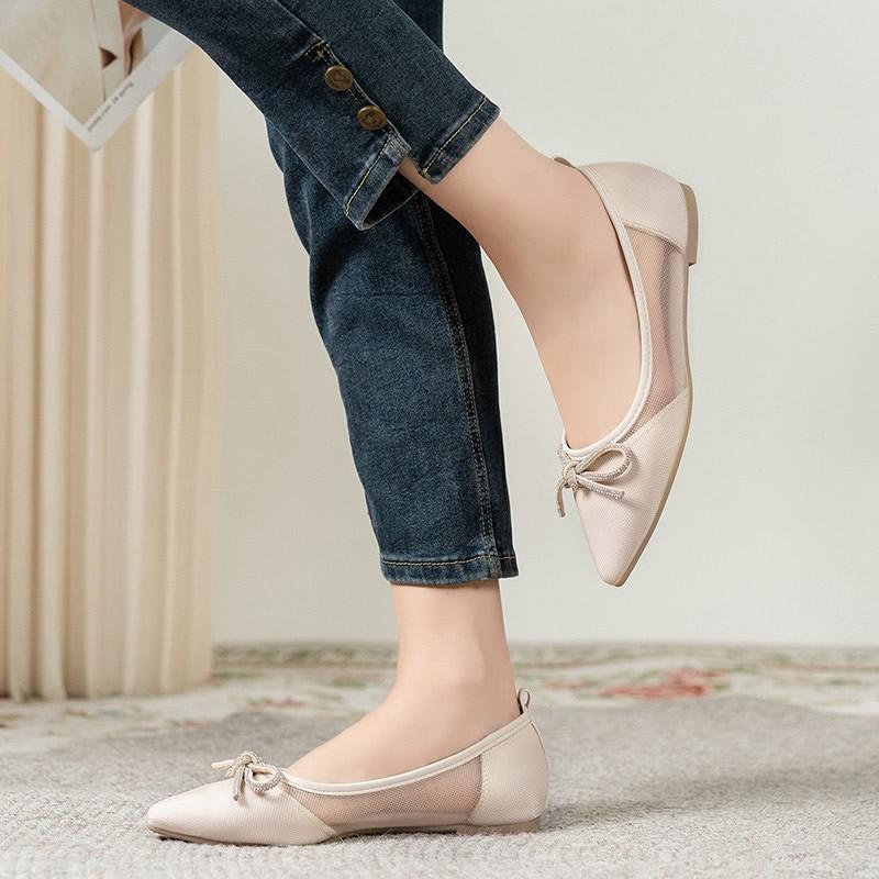 Sweet Butterfly Knot Breathable Mesh Flat Bottom Pointed Toe Casual Shoes for Women Spring Summer Fashion Versatile Slip-On Shoe