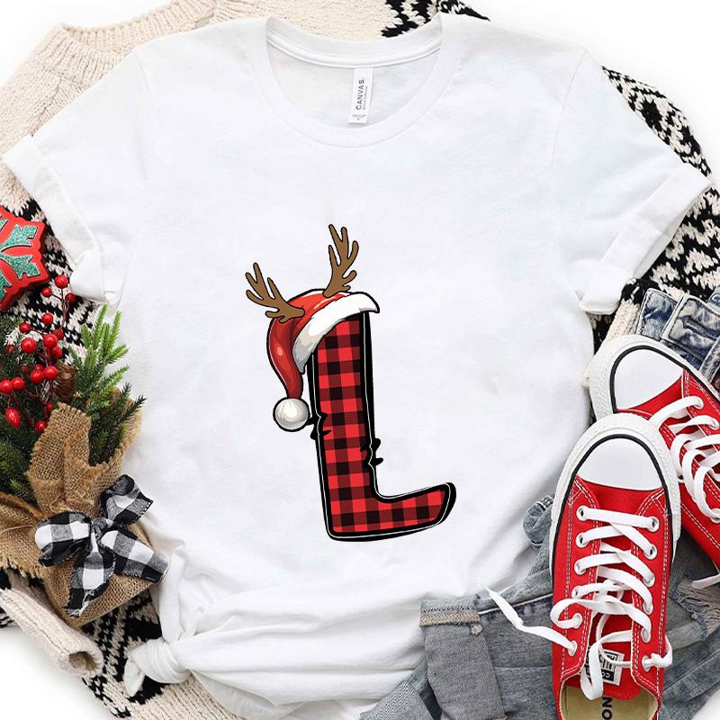 Christmas Alphabet AZ Letter Print Womens Tshirt Santa Graphic Casual Holiday Fashion Top Xmas Party Tees shirt for Women
