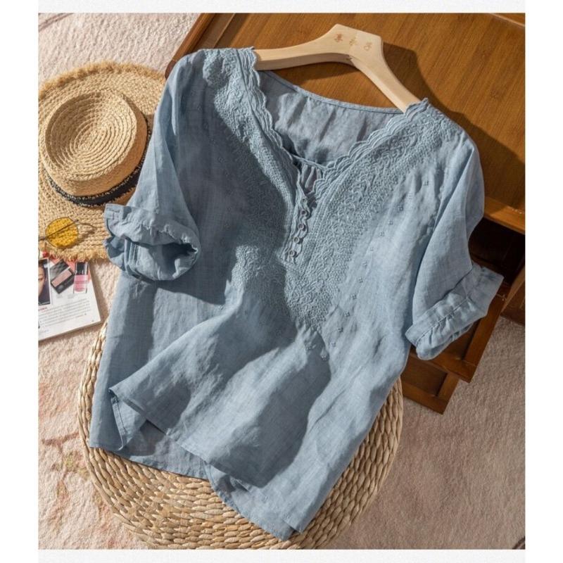 Women S Vintage Literary 3 4 Sleeve Embroidered V Neck Cotton Linen Shirt