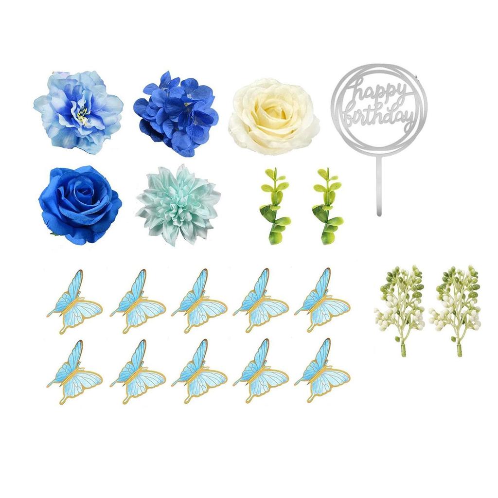 20x Flower Cake Topper with Eucalyptus, Portable Butterfly Cake Decorations for Birthday, Butterfly Theme Party, Baby Shower