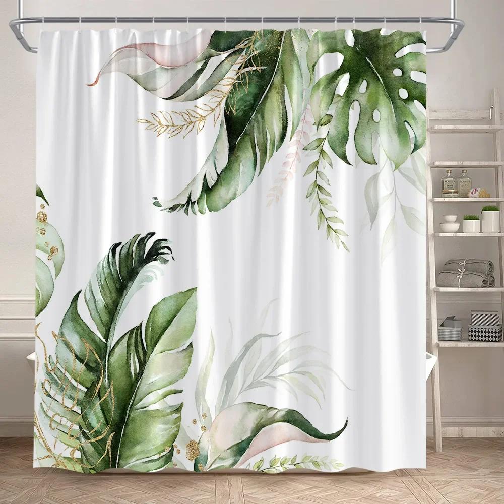 Leaves Shower Curtain Green PTropical alm Leaf Monstera Plant Bath Curtains Set Polyester Fabric Home Bathroom Decor with Hooks