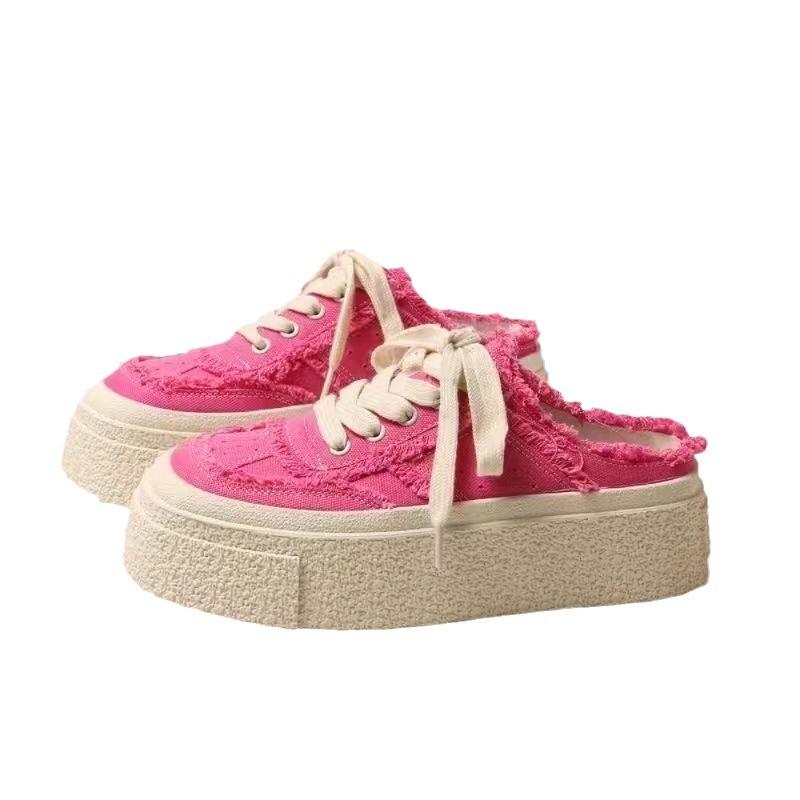 Retro Square Toe Slip-on Half Slippers Women's Summer Outdoor Wear New Platform Height Increasing Beggar Canvas Shoes