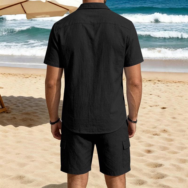 Men's Summer Linen Lapel Casual Shirt & Shorts Set: Breathable Cotton Two-Piece Workwear