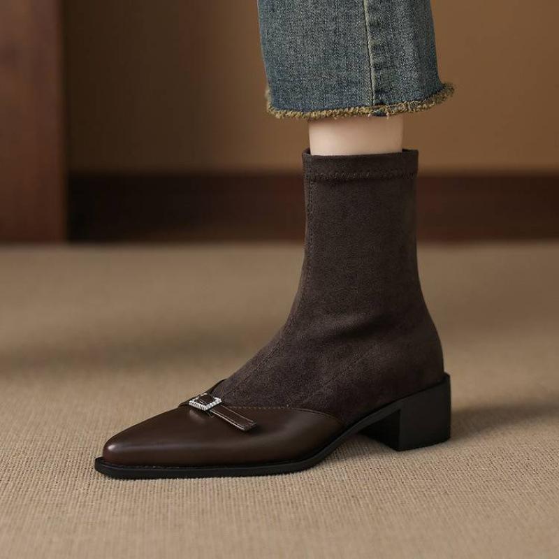 Autumn and Winter Elastic Suede Martin Boots Sleeve Solid Color Large Size Women's Boots New Middle Heel Pointed Soft Sole Medium Boots