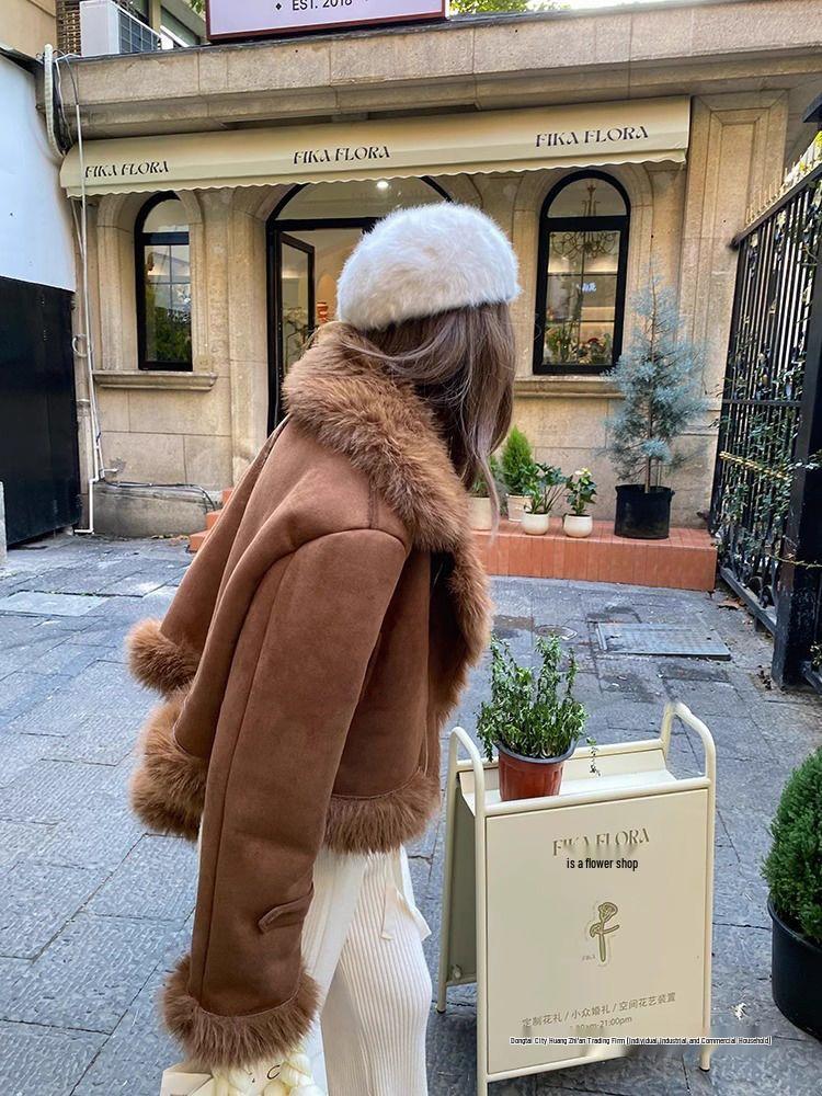 Women's 2025 Spring Shearling Suede Short Motorcycle Jacket - Slimming Korean Style
