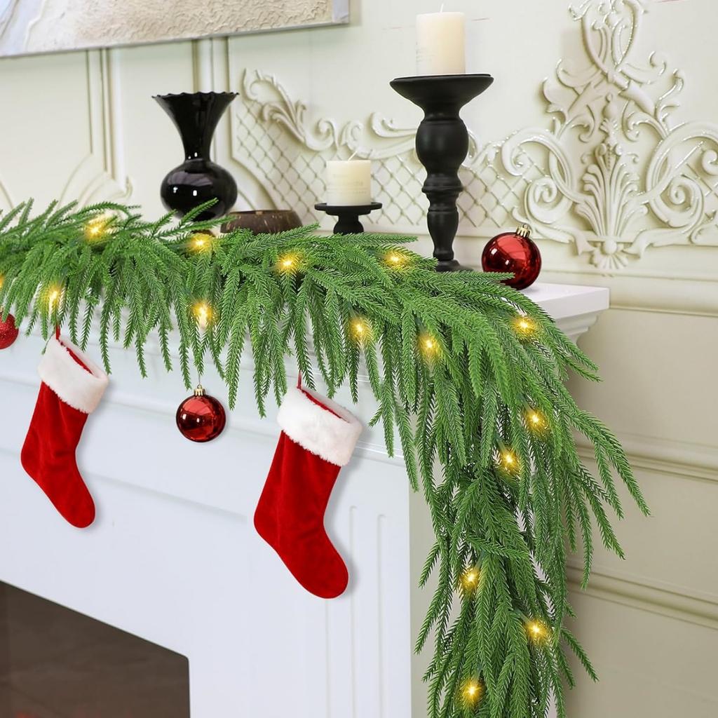 Pre-Lit Faux Christmas Garland - LED Lighted for Window Decor, Rustic Holiday Table Runner Decoration