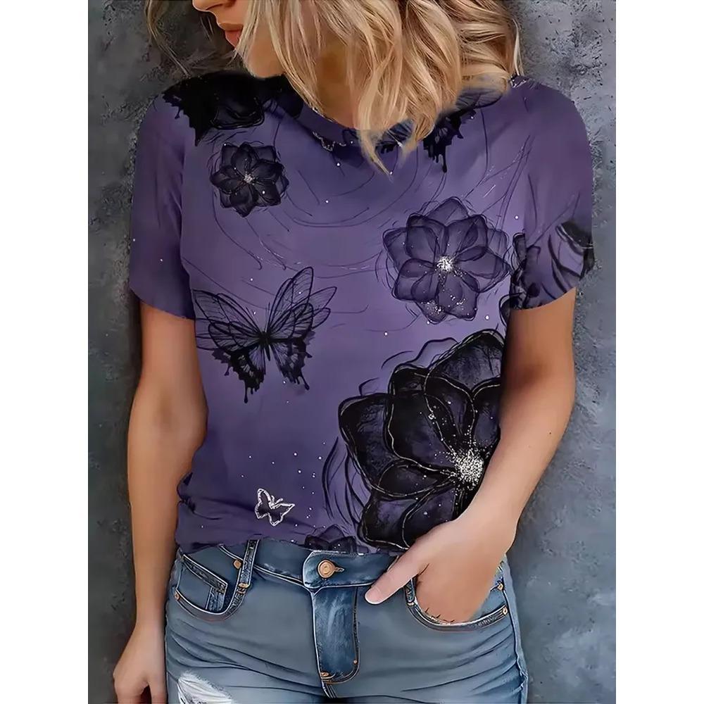 Sommer Mode T-Shirt Blume 3D Gedruckt Kurzärmeliges T-Shirt Modisch Bequem Weich Atmungsaktiv Groß Locker Damen T-Shirt