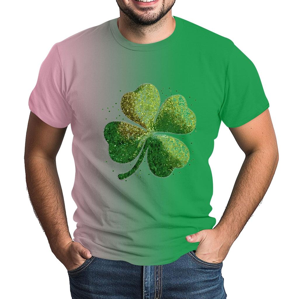 St. Patrick's Adult  Green Crew-neck Short-sleeved Printed Green Three-leaf T-shirt