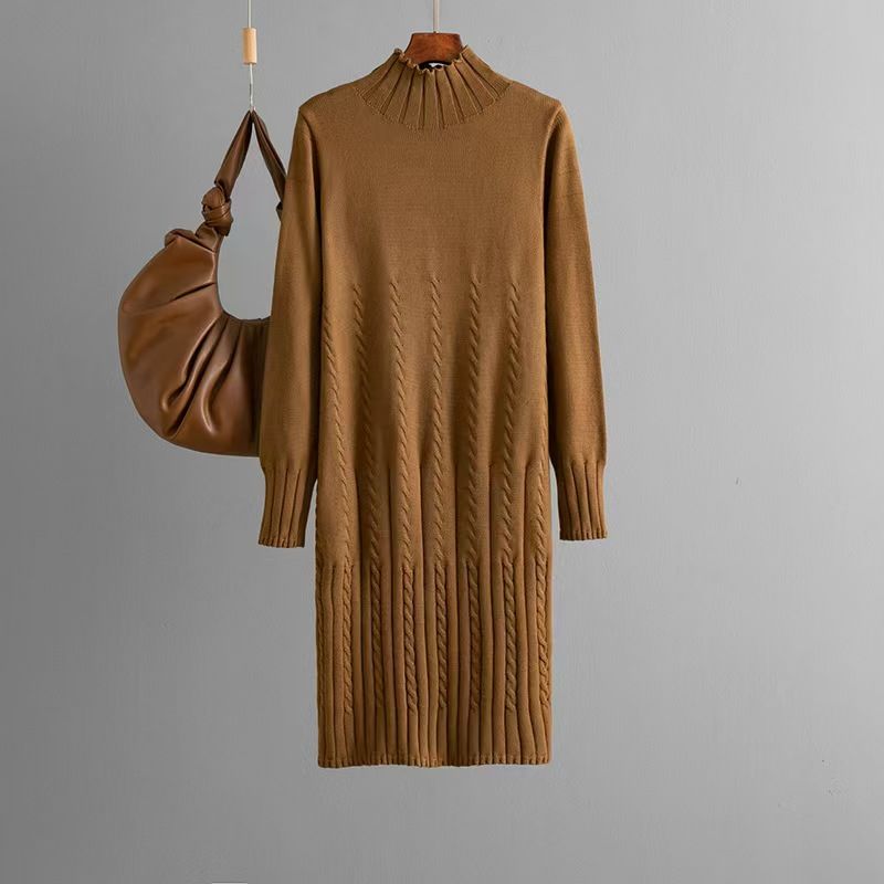 

Fashion Wind Autumn and Winter Pure Color Mid-Length Sweater Skirt Inner Wear Bottoming Skirt Knitting Dress Jersey Dress Brown One size
