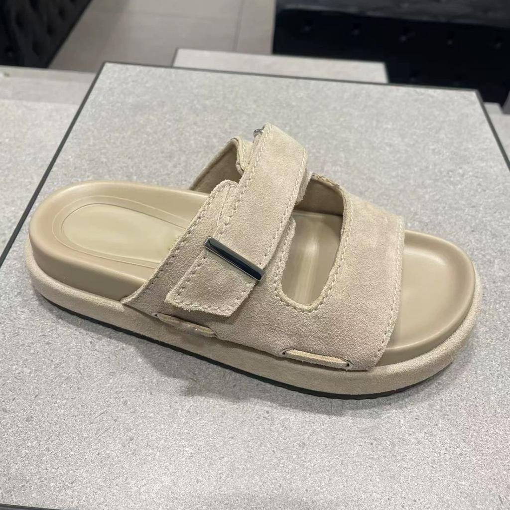 Genuine Leather Korean Version of Birkenstock One-word Slippers for Women To Wear 2025 New Summer Thick-bottomed Open-toed Casual Beach Sandals