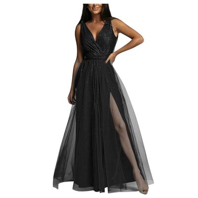 Women's V Neck Sexy High Waist Solid Color Shiny Gown Long Dress