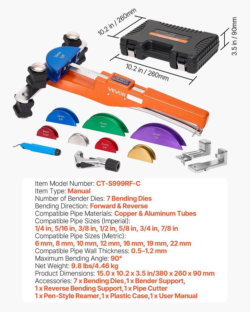 Tubing Bender Kit, 6 mm to 22 mm, Compact Ratcheting Tube Pipe Bender, Forward/Reverse Hand Bending Tool, with 7 Color Aluminium Alloy Dies, for