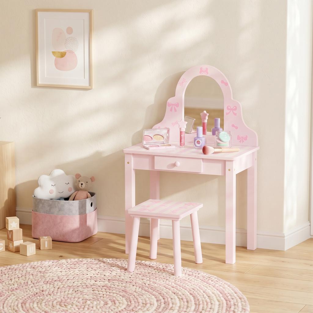 Kids Vanity Table Set 2 In 1 with Stool for Girls 3-6 Pink