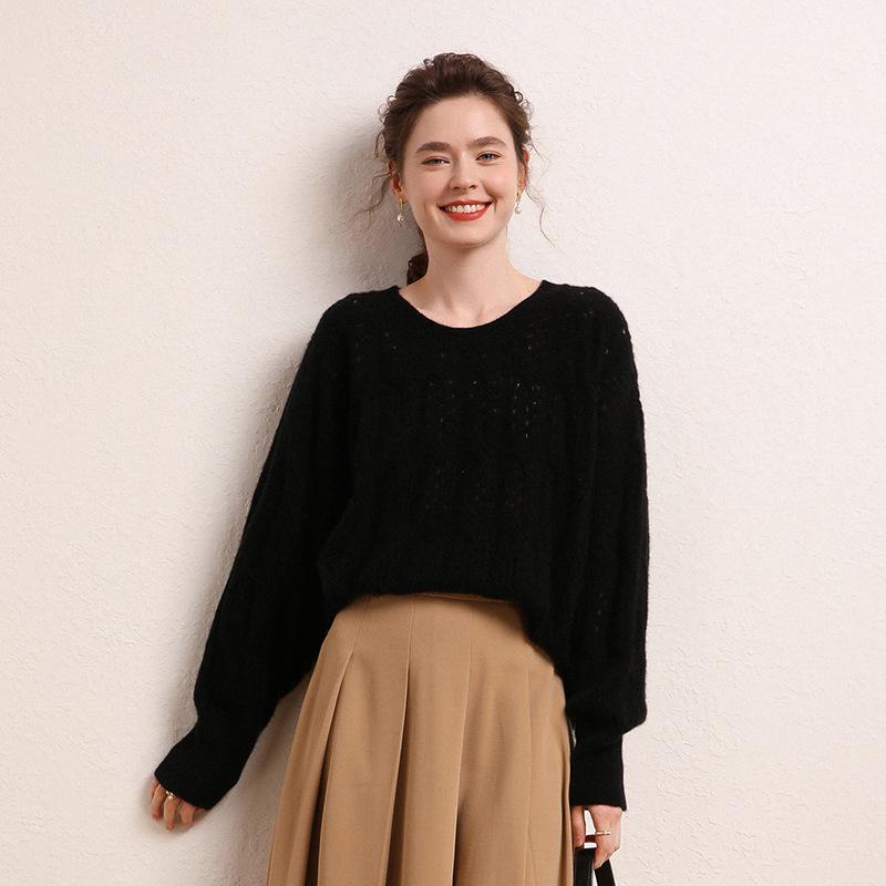 2026 Le Ka Sha Korean Style Mohair Hollow Knit Pullover for Women - Autumn/Winter Fairy Top Sweater