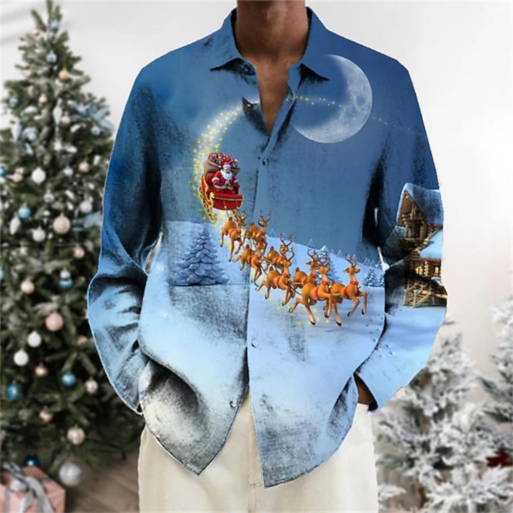 Men Button‑up Long Sleeve Shirt Festive Christmas‑snow‑village Art Motif Turn‑down Collar Year‑end Theme‑party Gathering Outfit