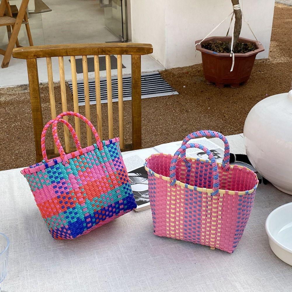 Bohemian Style PVC Vegetable Basket Bag Vacation Style Plastic Handbag Beach Bag Bucket Bag