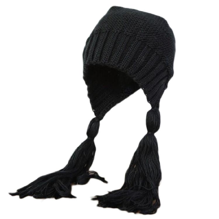 Solid Color Long Twist Braid Beanie Hat Ear Flaps Knitted Hat for Outdoor Sport