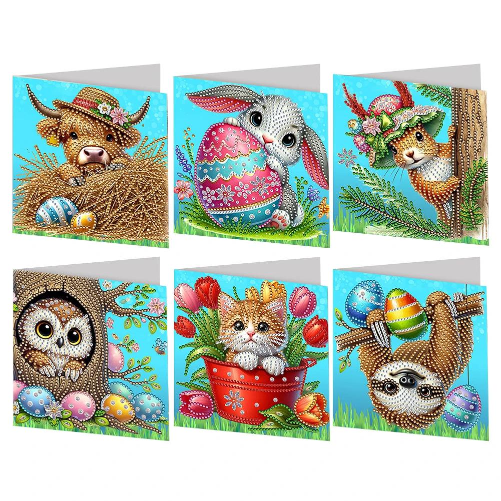 6 Stück Osterei Hase Diamantmalerei Grußkarten Set Tägliche Wunschkarte für Freunde 5D DIY Grußkarte für Osterparty Geschenk