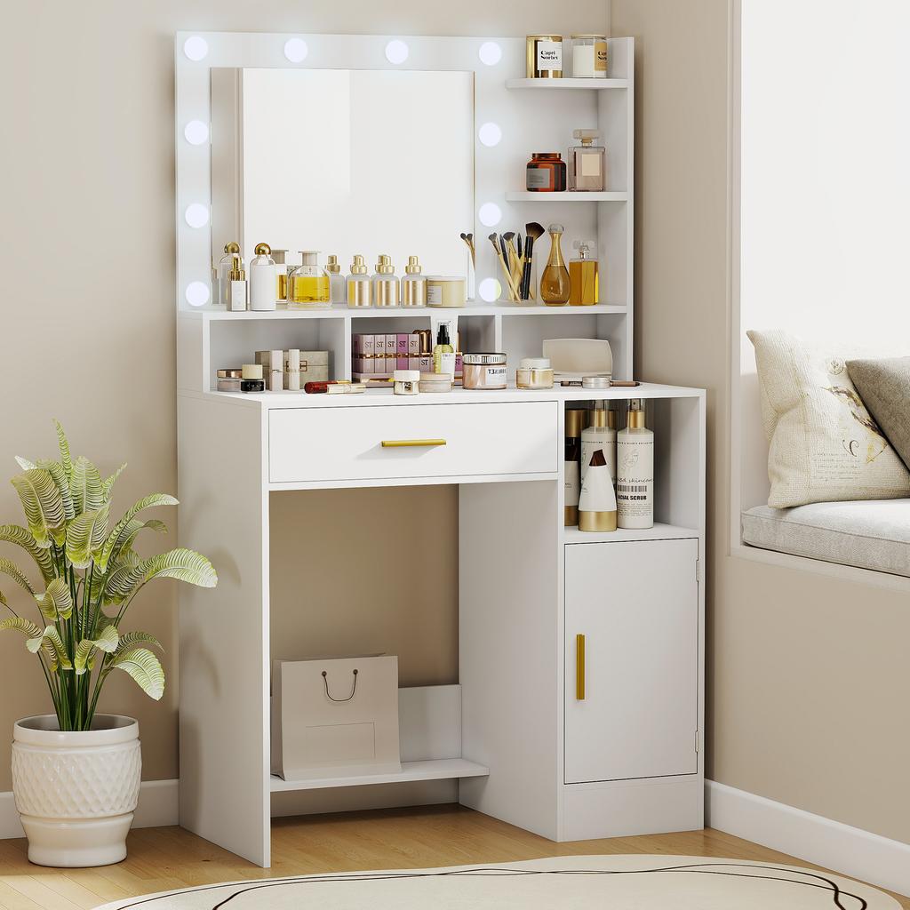 Dressing Table With Mirror And 10 LED Lights Adjustable Brightness Drawer Cupboard And Open Shelves 80x40x135cm White