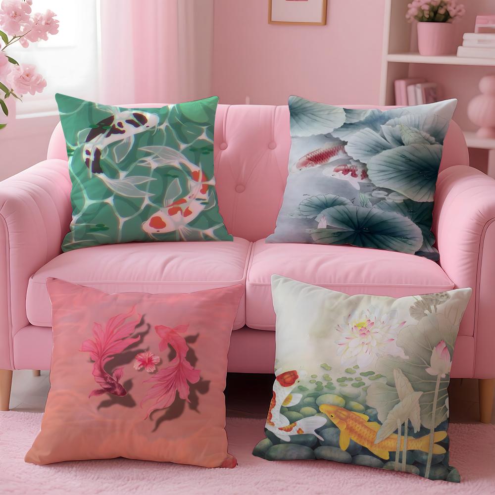 Natural Fun Koi Fish lotus Cushion Cover Pillow Case Soft Skin Friendly Fabric  Concealed Zipper