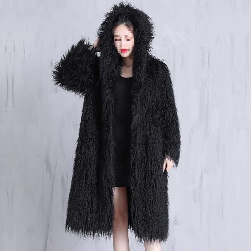

Женское пальто из меха енота большого размера - Пушистая, Длинная, с капюшоном и теплая шаль для повседневной зимней носки L чёрный