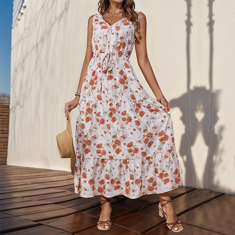 Independent station long dress summer new European and American women's clothing printed sleeveless dress
