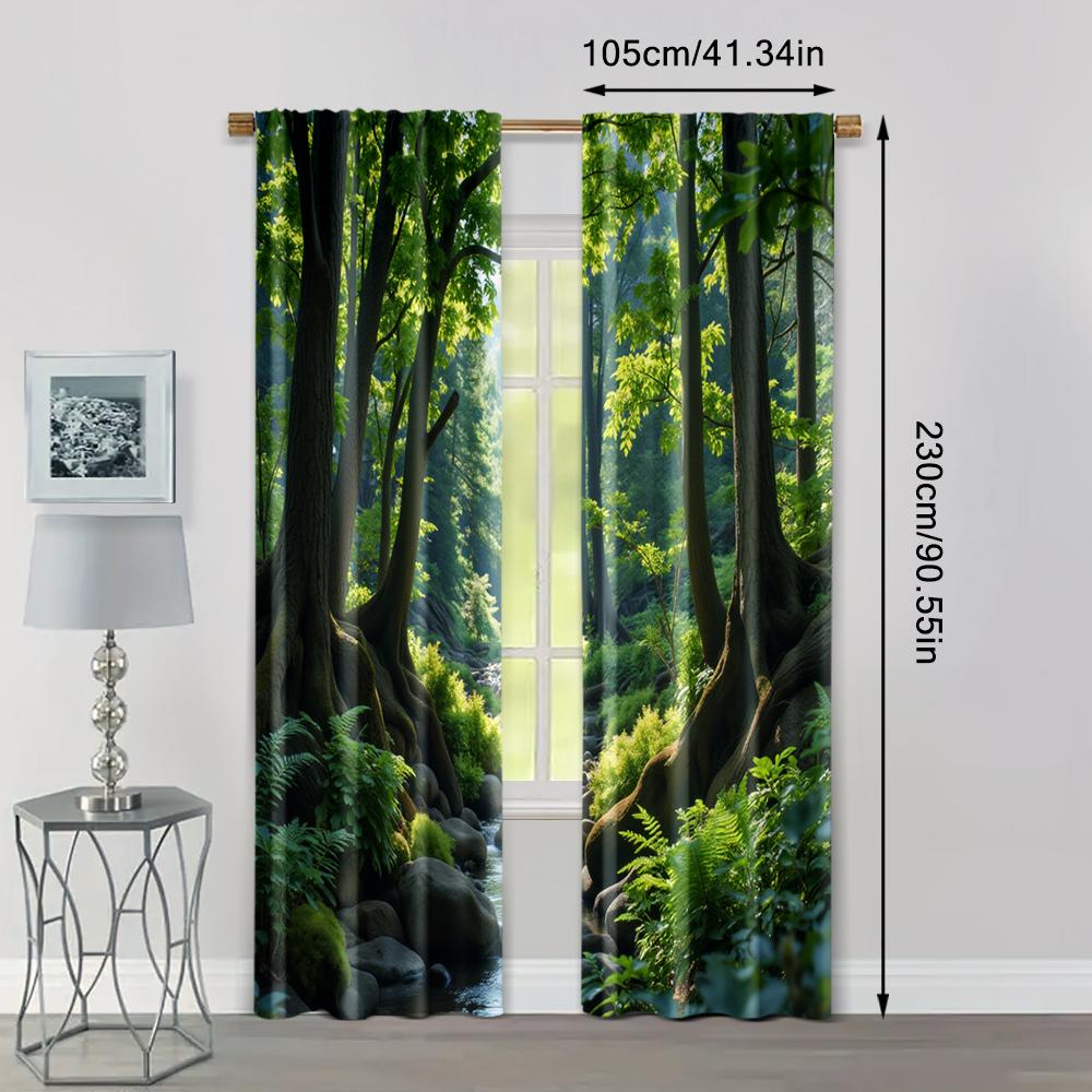 2pcs   Popular Curtain Panels Green Forest Print Versatile 100% Polyester (without rod) All Seasons Use for Kitchen Living Room