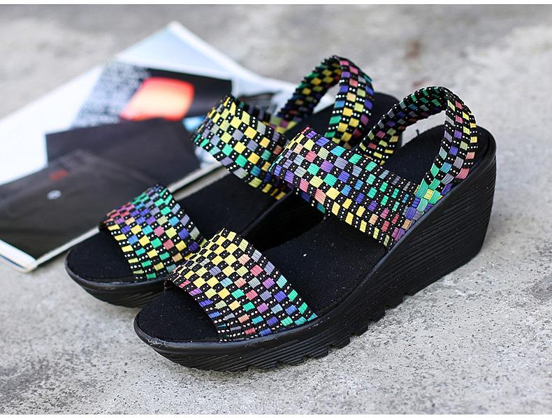 Damen-Sandalen mit gewebtem Elastikband - Frühling/Sommer 2020, Rutschfeste flache Schuhe mit niedrigem Keilabsatz, Komfort-Tanzschuhe