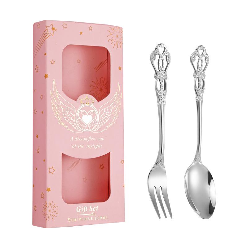 

Stainless steel spoon fork two-piece cutlery gift box retro coffee spoon and fork set with hand