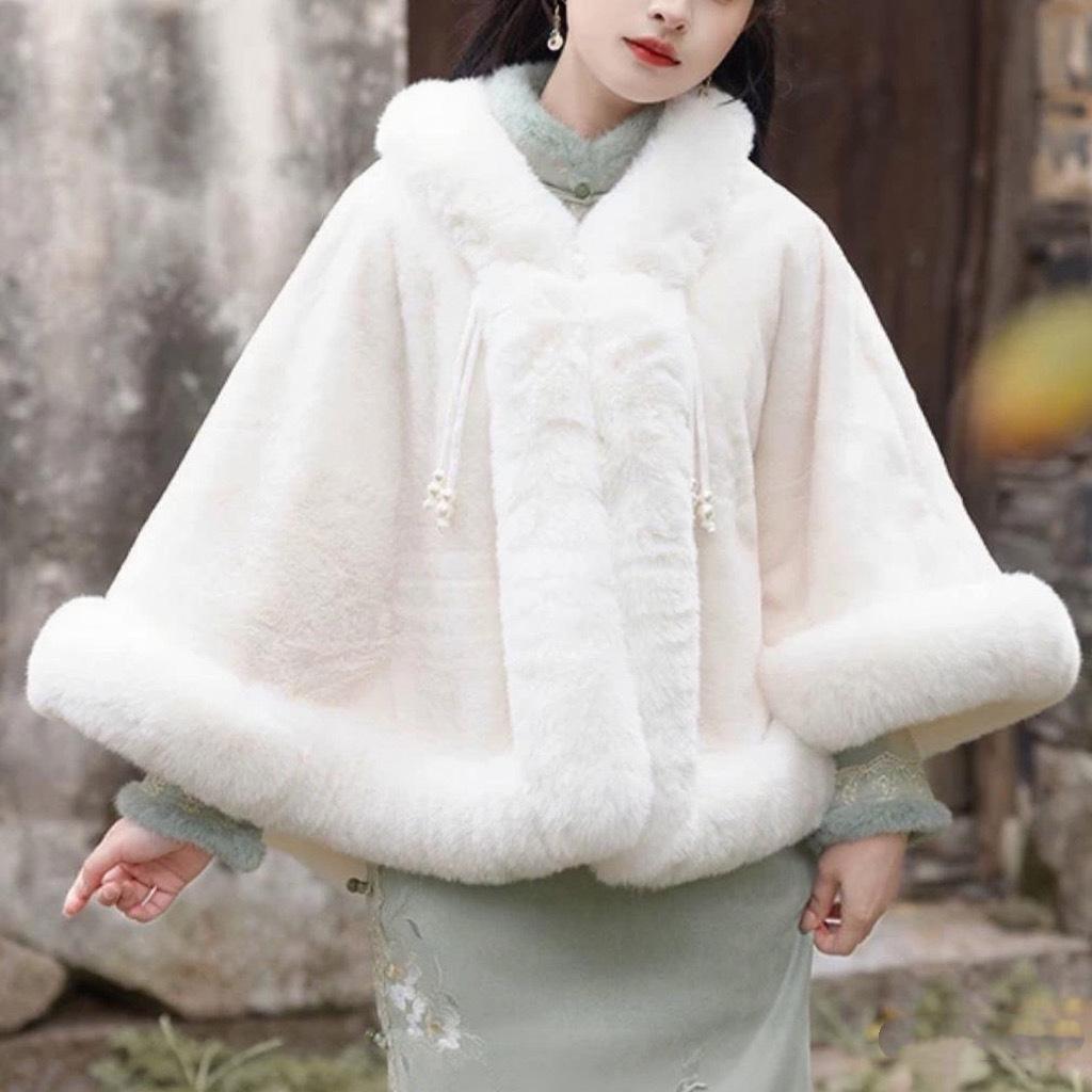 

931# Женский универсальный плащ ципао: Шаль с воротником из искусственного меха выдры, на флисовой подкладке, утолщенная для тепла 60-80 cm