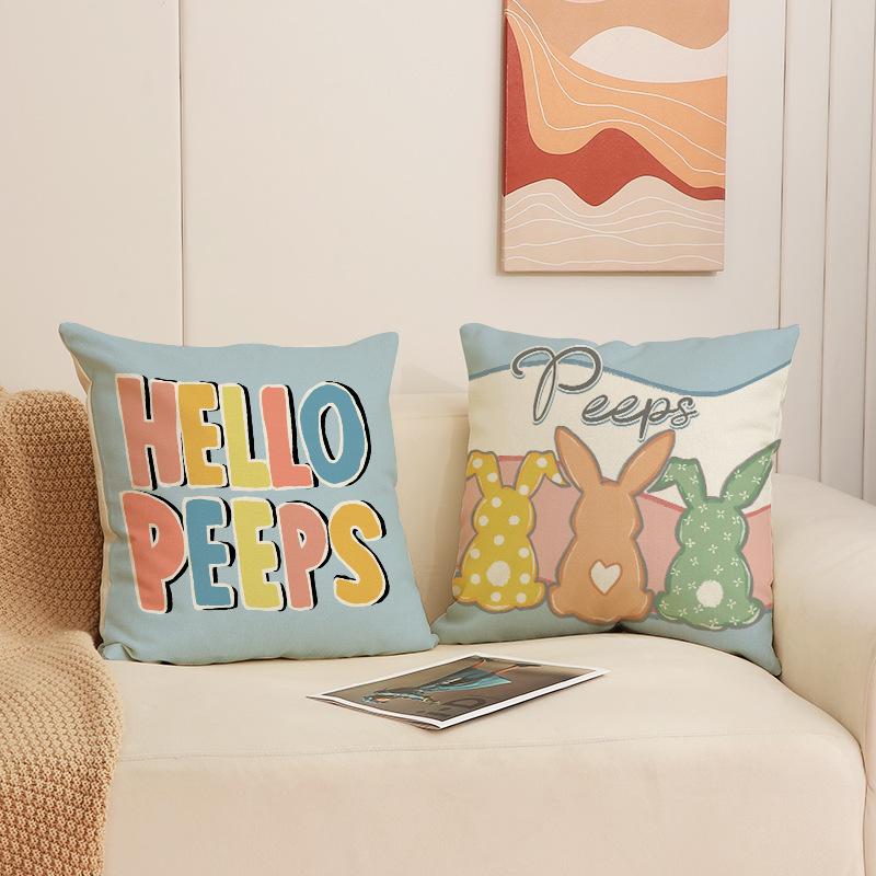 Easter Cartoon Bunny Pillow Linen Letter Print Combination Square Pillowcase Living Room Holiday Decorative Cushion
