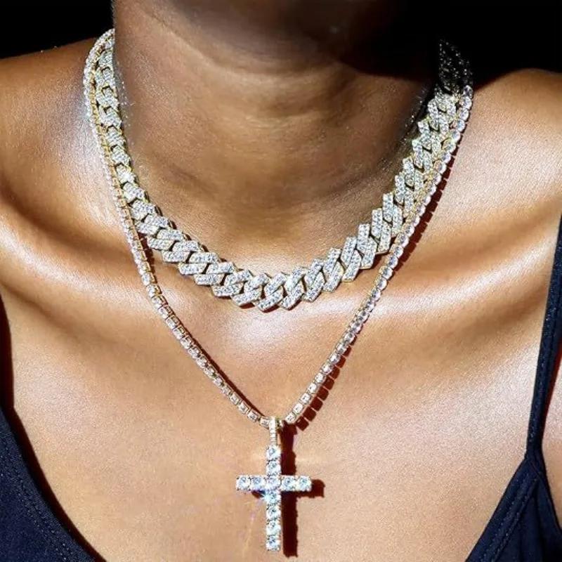 2Pcs Hip Hop Cross Tennis Chain 14MM Prong Cuban Necklace for Men Women Iced Out 2 Row Cuban Link Chain Necklaces Couple Zircon