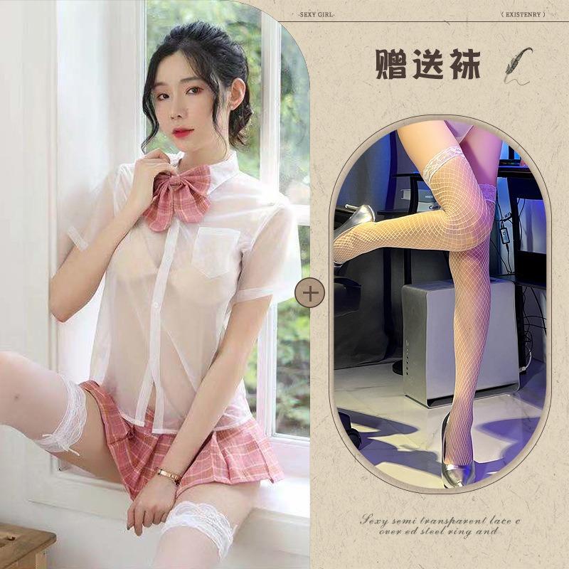 Sexy lingerie girls' school wear transparent shirt short skirt girls' uniform suit pure and sweet temptation tight