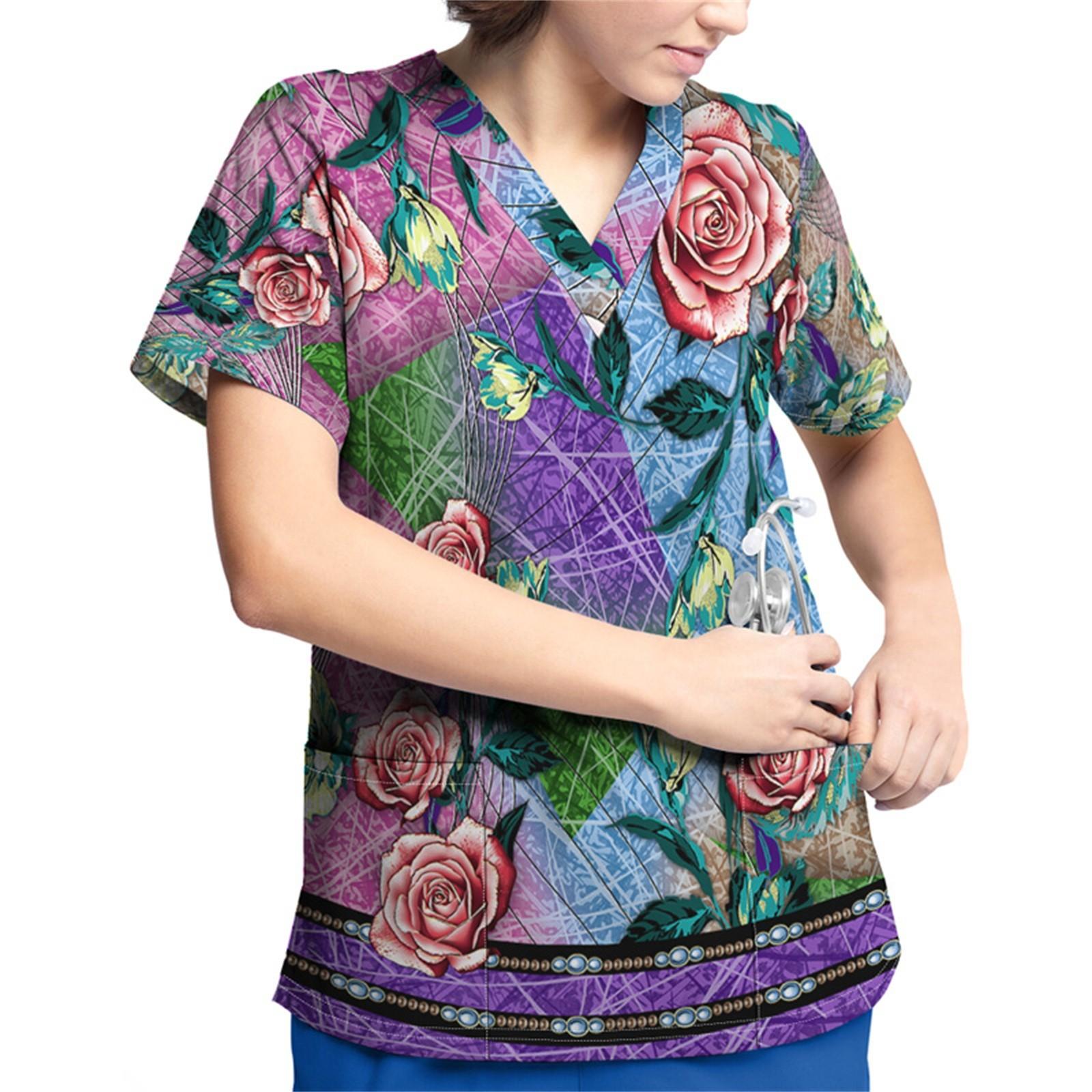 

Рабочая форма больших размеров с принтом, топы для женщин, футболки с v-образным вырезом и короткими рукавами, рабочая одежда, футболка с карманами M фиолетовый