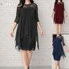 JPNTKY Fashion Summer Spring Solid Color Print 3/4 Sleeves O-Neck Casual Dresses